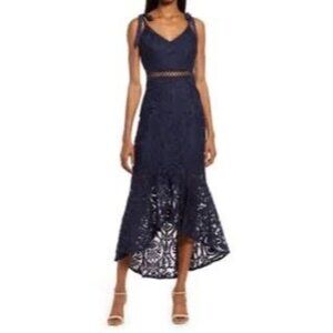 Lulus Won Your Heart Embroidered Lace Dress Size S in Navy High Low Hem New Tags